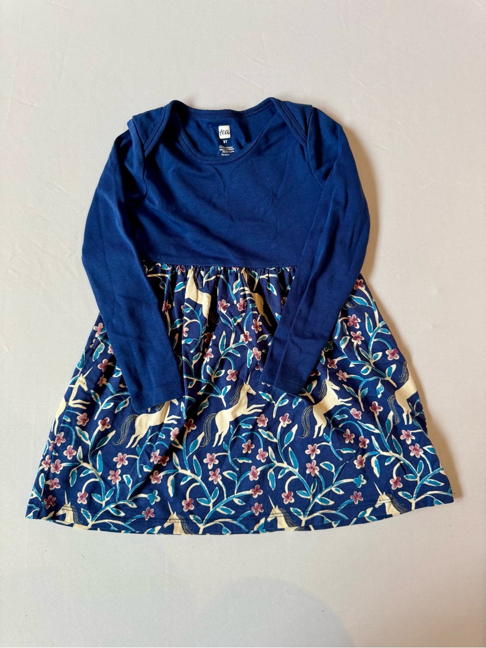 Tea Collection Navy Long-Sleeve 3T Dress with Floral & Unicorn Print